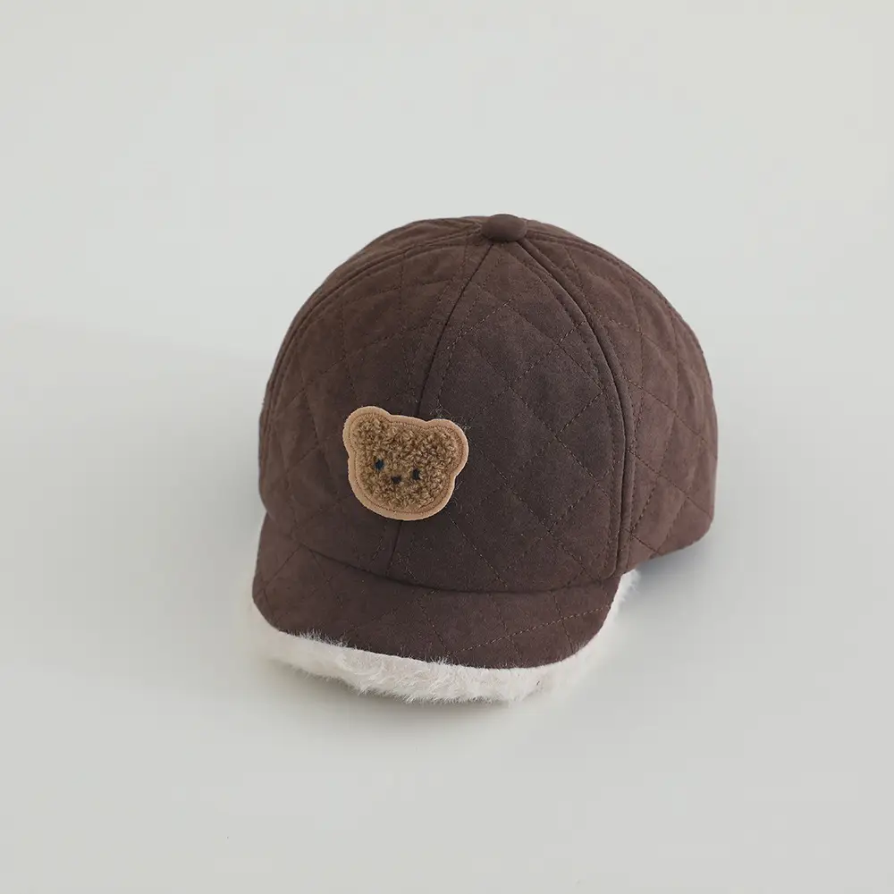 Cute Bear Embroidered Winter Cap for Girls Brown - Image 3