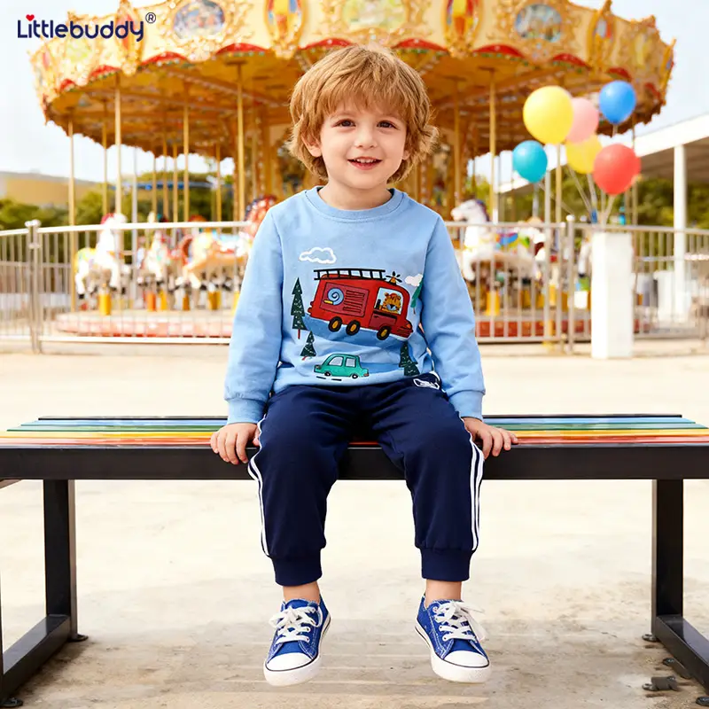 Kids Cotton T-Shirt Set Blue Car Print Casual Winter