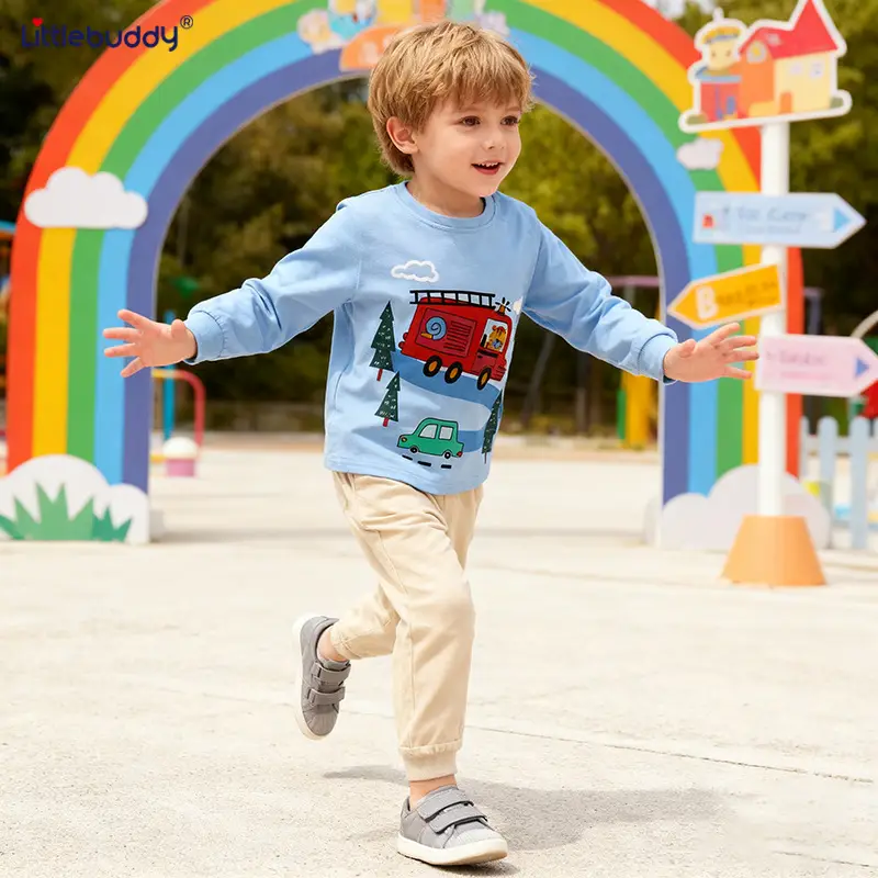 Kids Cotton T-Shirt Set Blue Car Print Casual Winter