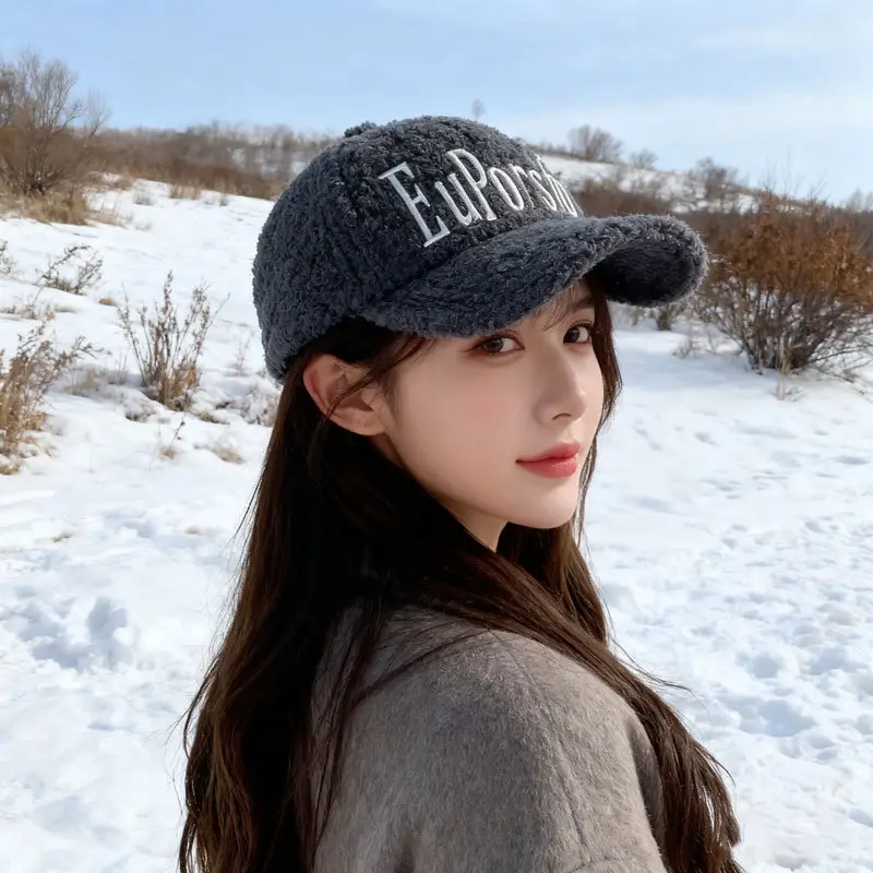 Winter Letter Embroidered Lamb Wool Cap for Men Women — feature 12