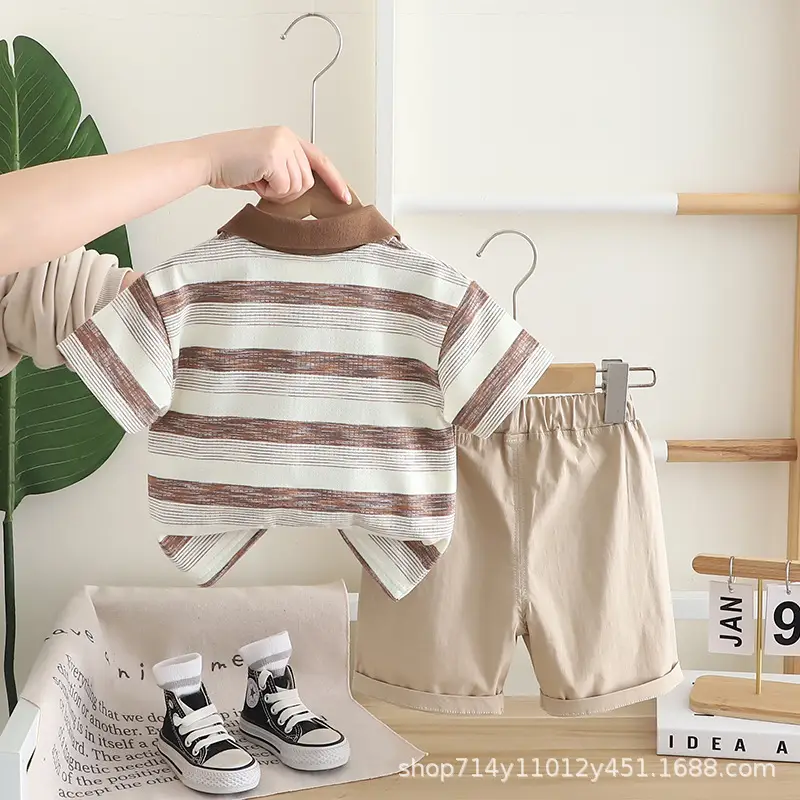 Kids Striped Polo Shirt & Shorts Set Brown Beige