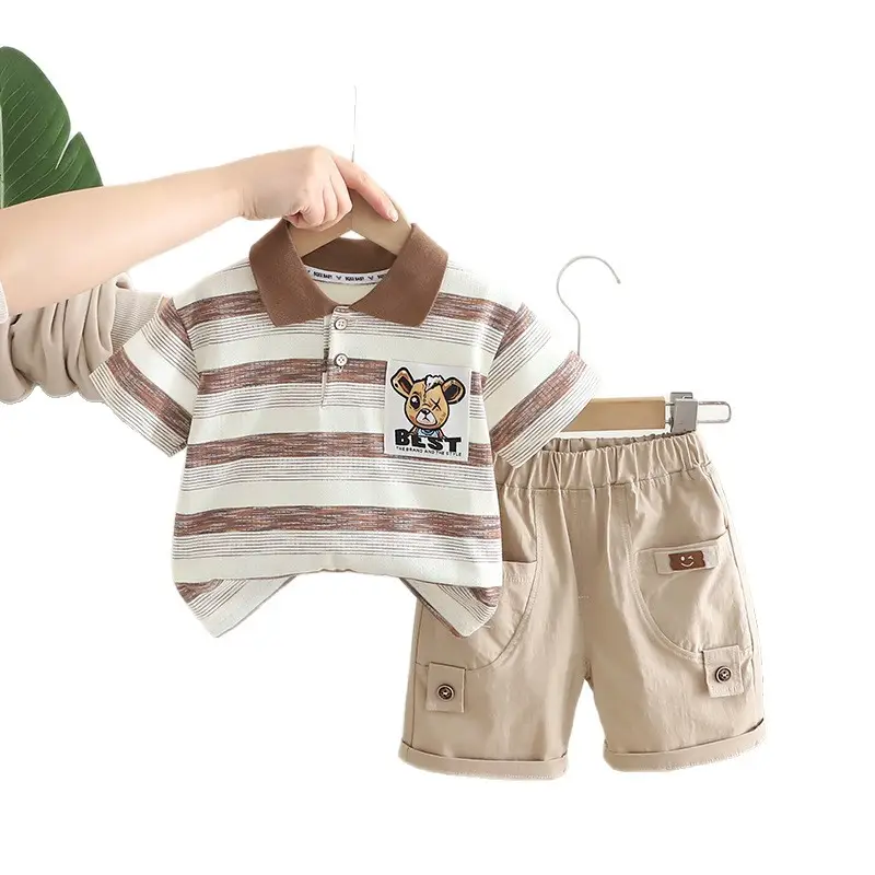 Kids Striped Polo Shirt & Shorts Set Brown Beige