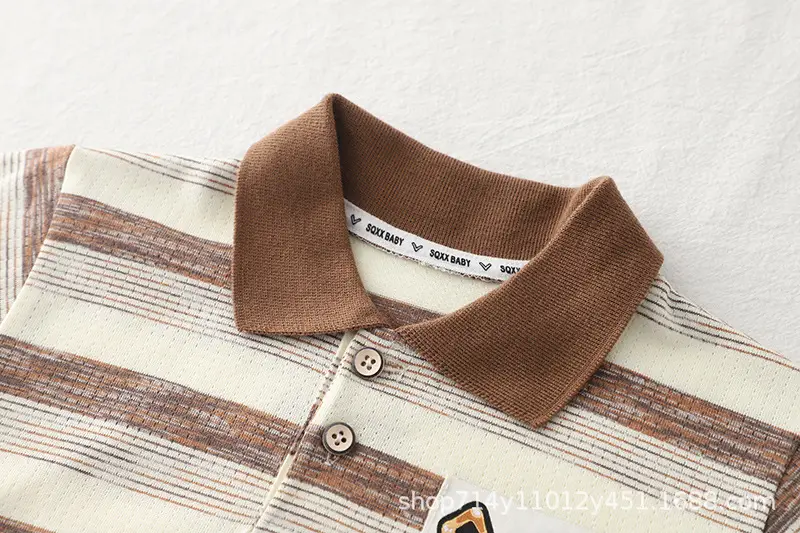 Kids Striped Polo Shirt & Shorts Set Brown Beige — feature 6