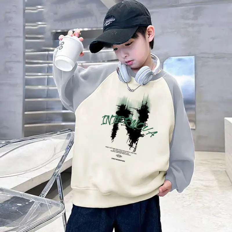 New Kidsren's Letter Long Sleeve Velvet T-Shirt Cream Blue - Image 7