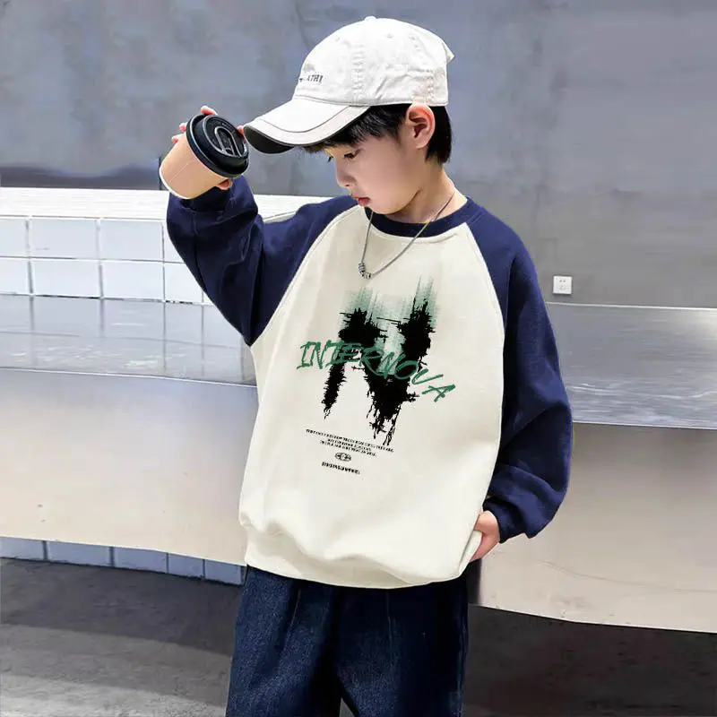 New Kidsren's Letter Long Sleeve Velvet T-Shirt Cream Blue - Image 8