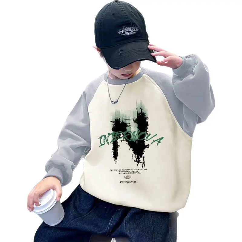 New Kidsren's Letter Long Sleeve Velvet T-Shirt Cream Blue - Image 9