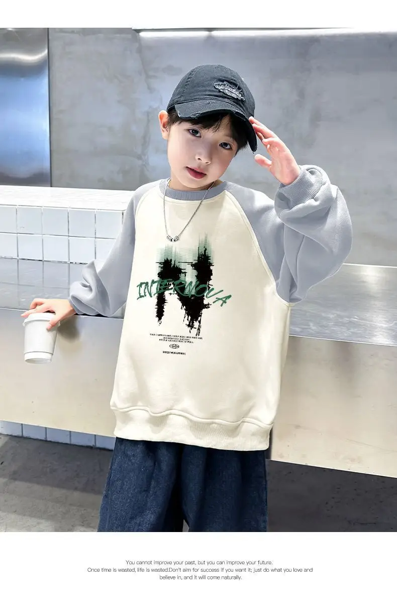 New Kidsren's Letter Long Sleeve Velvet T-Shirt Cream Blue — feature 14