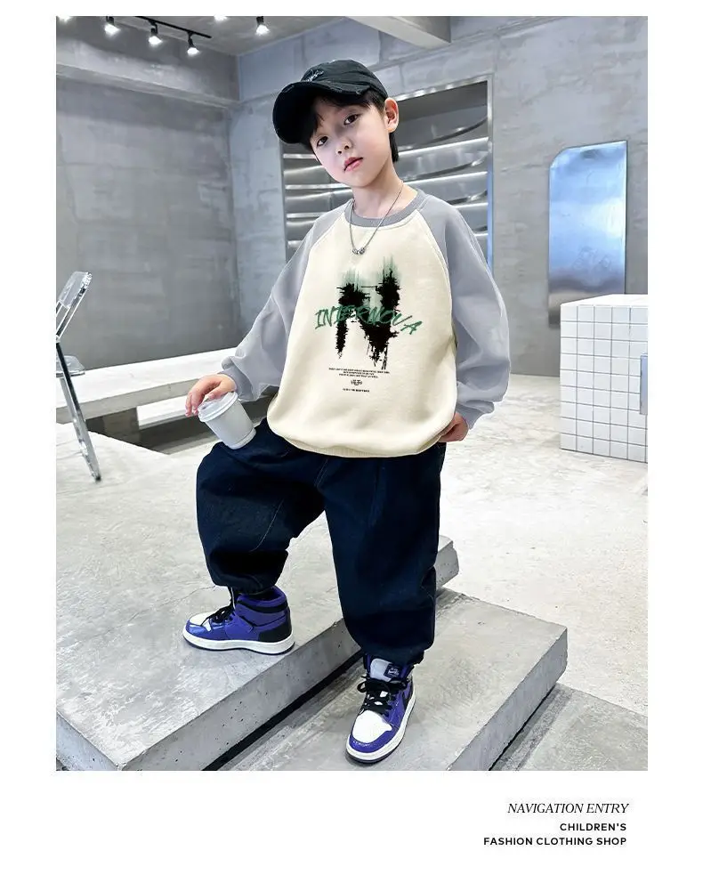 New Kidsren's Letter Long Sleeve Velvet T-Shirt Cream Blue — feature 15
