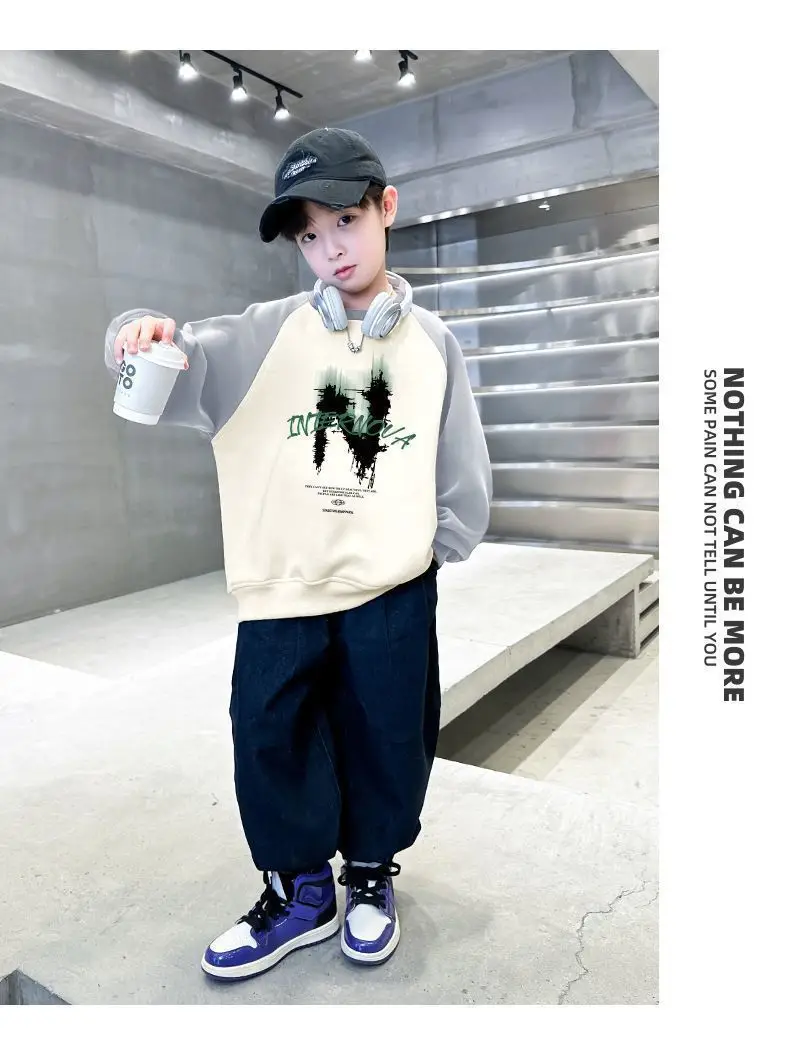 New Kidsren's Letter Long Sleeve Velvet T-Shirt Cream Blue — feature 18