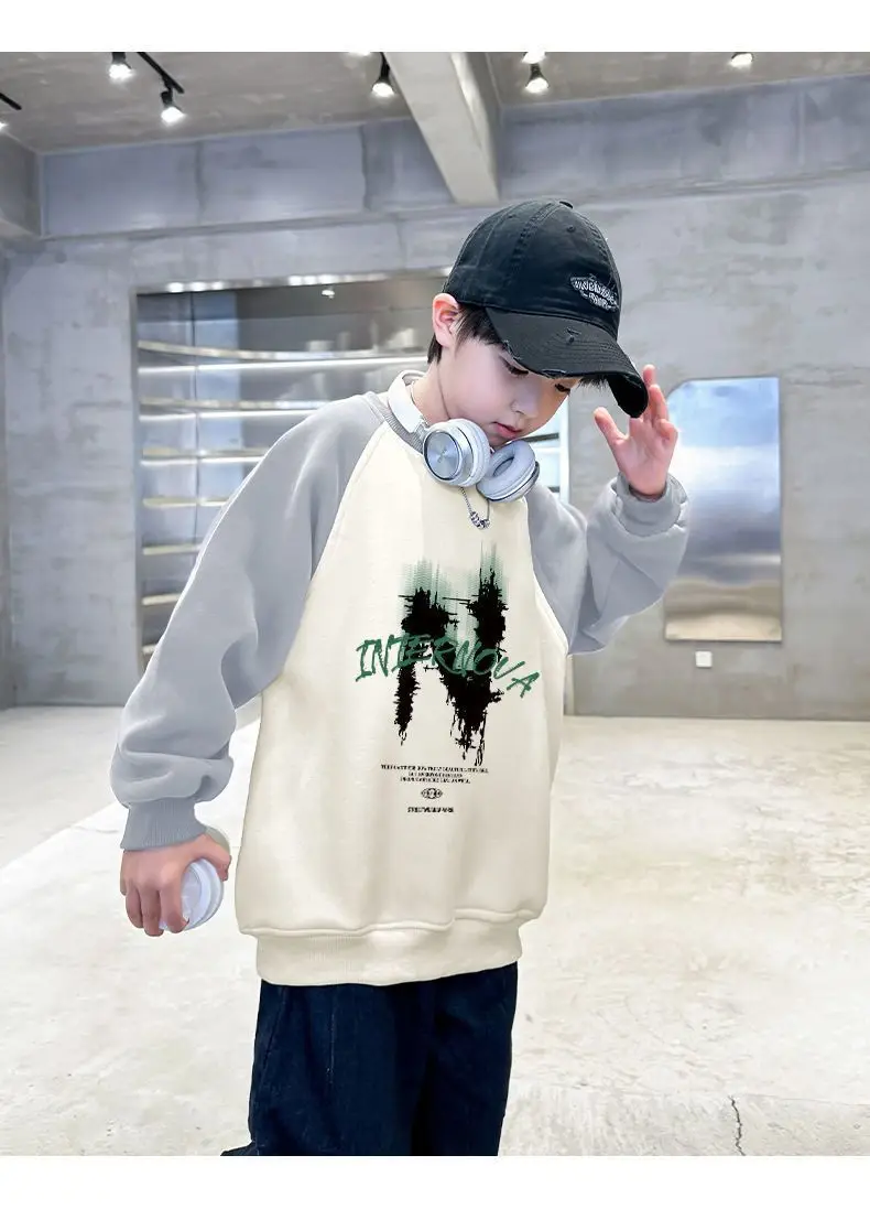 New Kidsren's Letter Long Sleeve Velvet T-Shirt Cream Blue — feature 19