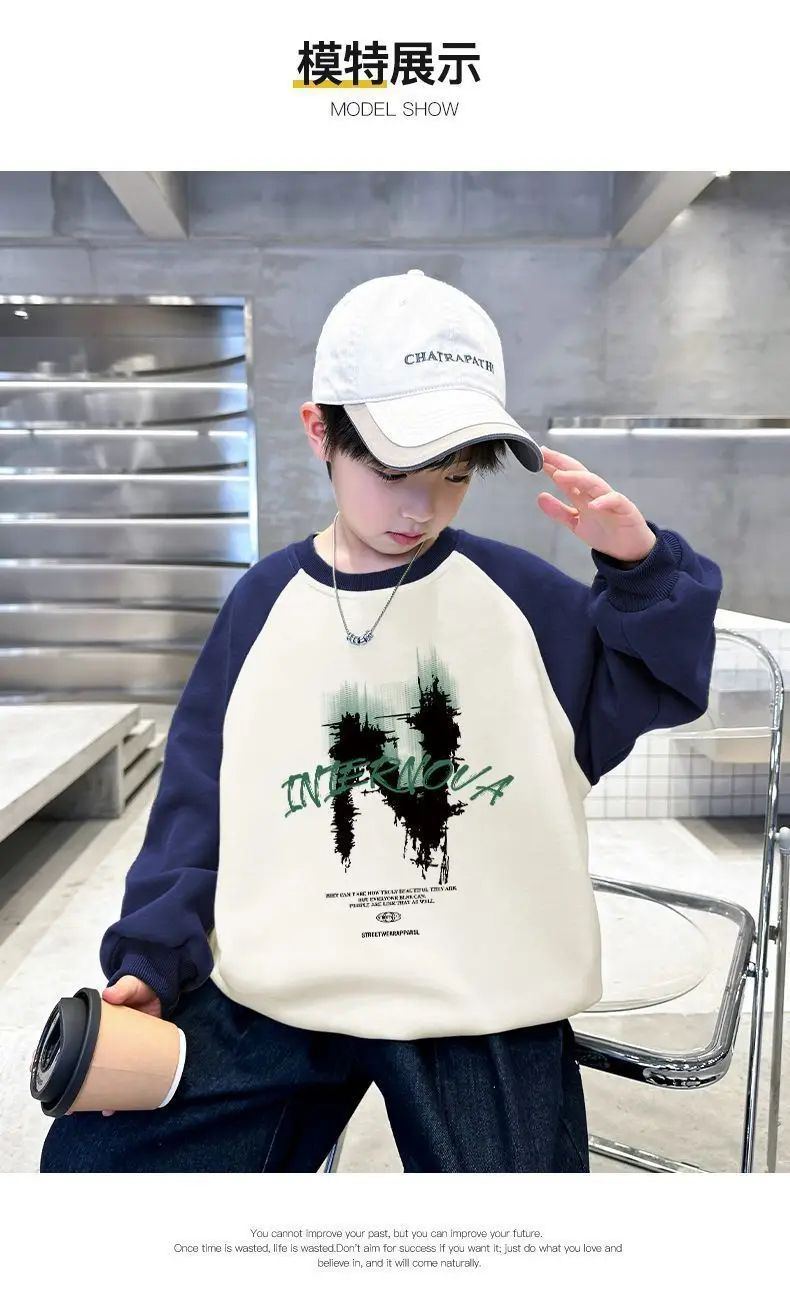New Kidsren's Letter Long Sleeve Velvet T-Shirt Cream Blue — feature 8