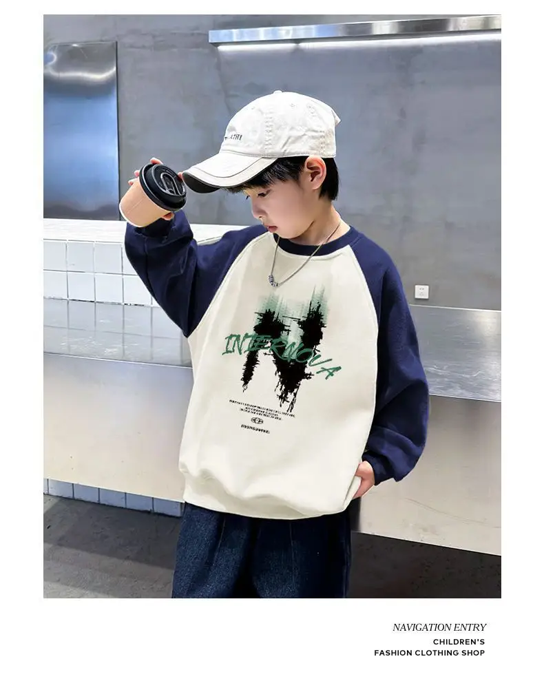 New Kidsren's Letter Long Sleeve Velvet T-Shirt Cream Blue — feature 9