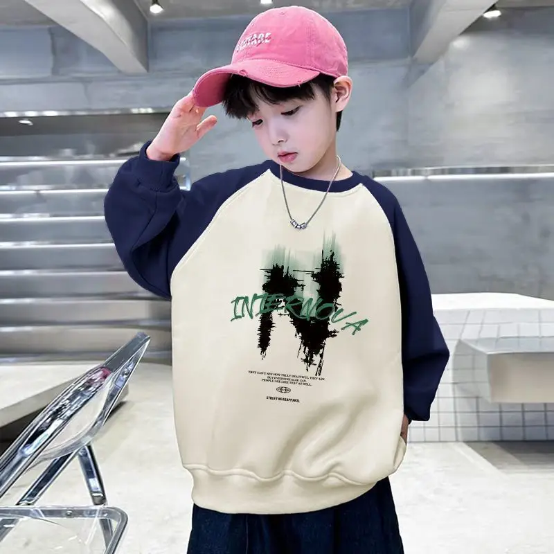 New Kidsren's Letter Long Sleeve Velvet T-Shirt Cream Blue - Image 2