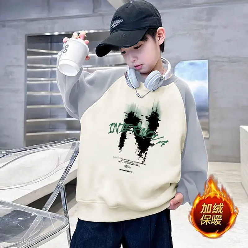 New Kidsren's Letter Long Sleeve Velvet T-Shirt Cream Blue - Image 3