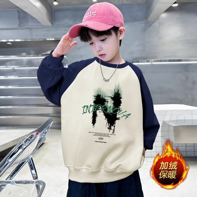 New Kidsren's Letter Long Sleeve Velvet T-Shirt Cream Blue - Image 4