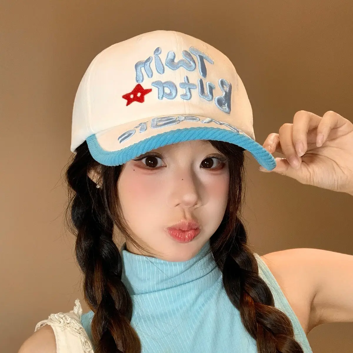 Women Korean Style Three-Dimensional Letter Cap Blue White - Image 3