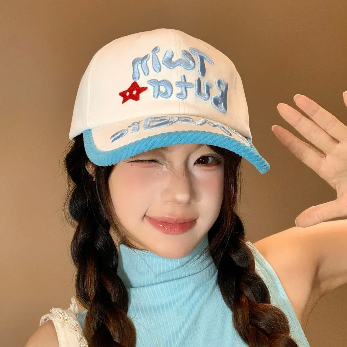 Women Korean Style Three-Dimensional Letter Cap Blue White - Image 4