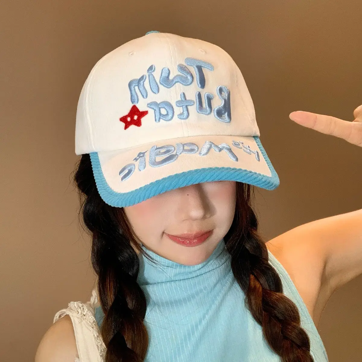 Women Korean Style Three-Dimensional Letter Cap Blue White - Image 5