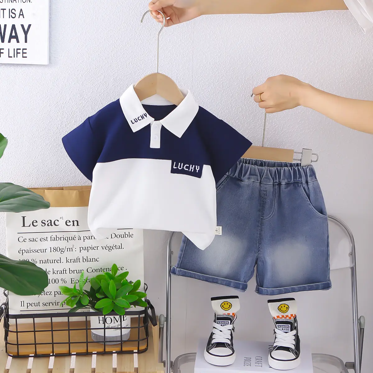 Boys Navy Blue White Polo Shorts Set Summer - Image 5
