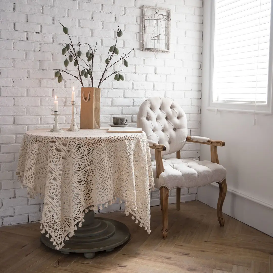 Vintage American-Style Crochet Round Tablecloth Pastoral Knit Hollow Artistic Coffee Table Cover Photography Background Cloth
