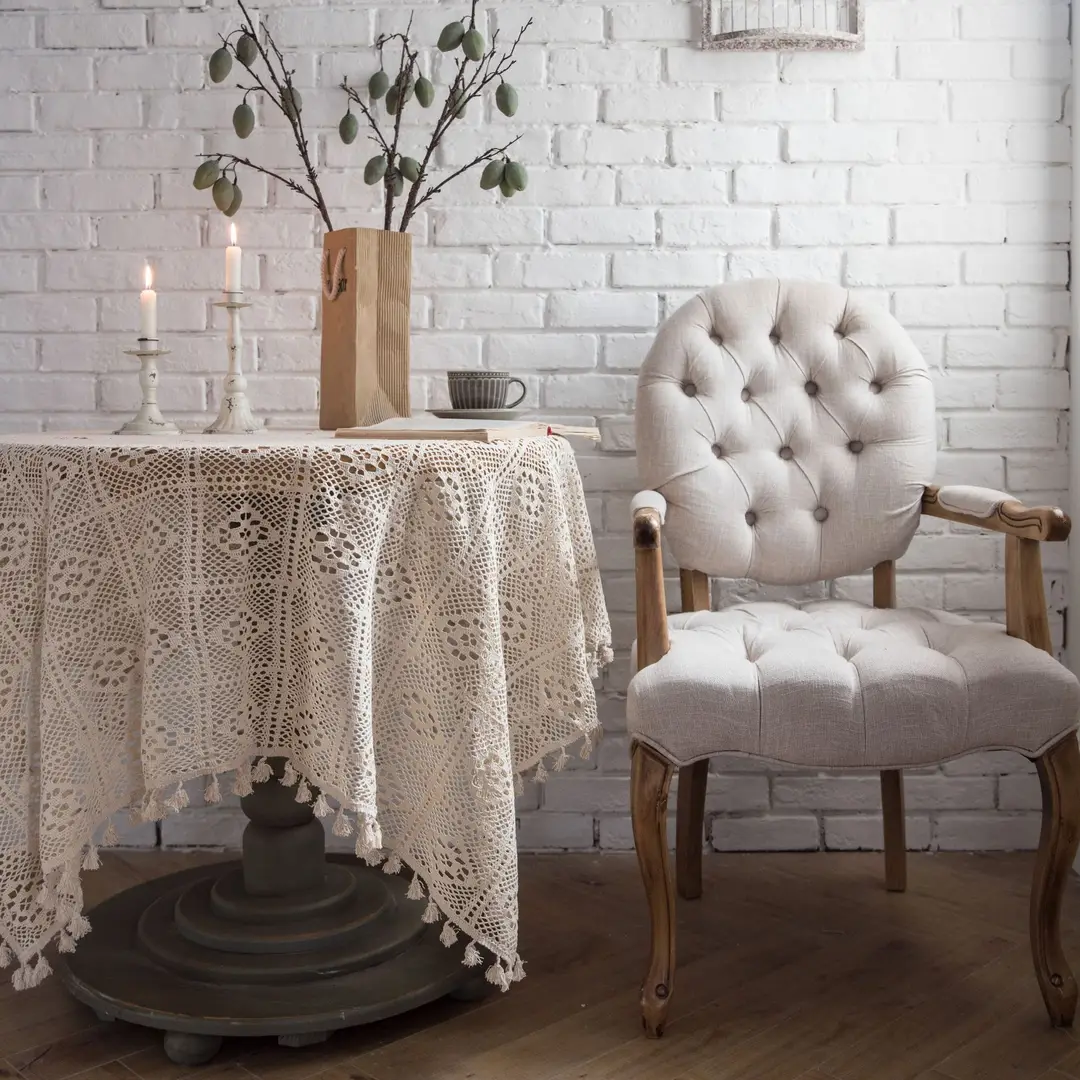 Vintage American-Style Crochet Round Tablecloth Pastoral Knit Hollow Artistic Coffee Table Cover Photography Background Cloth