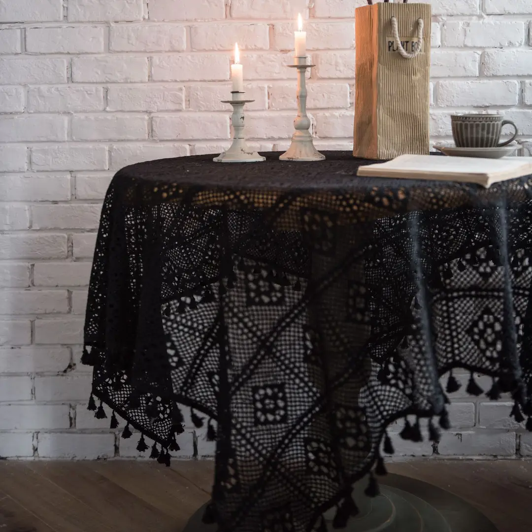 Vintage American-Style Crochet Round Tablecloth Pastoral Knit Hollow Artistic Coffee Table Cover Photography Background Cloth