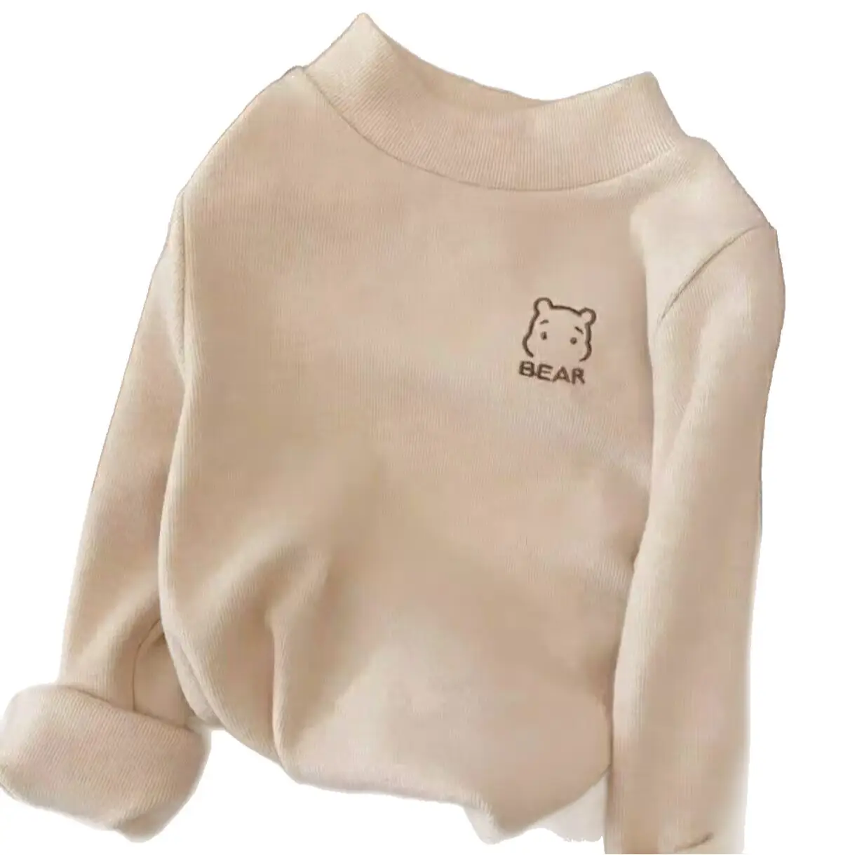Children's Velvet Half Turtleneck Sweatshirt Beige Bear Print - Image 6