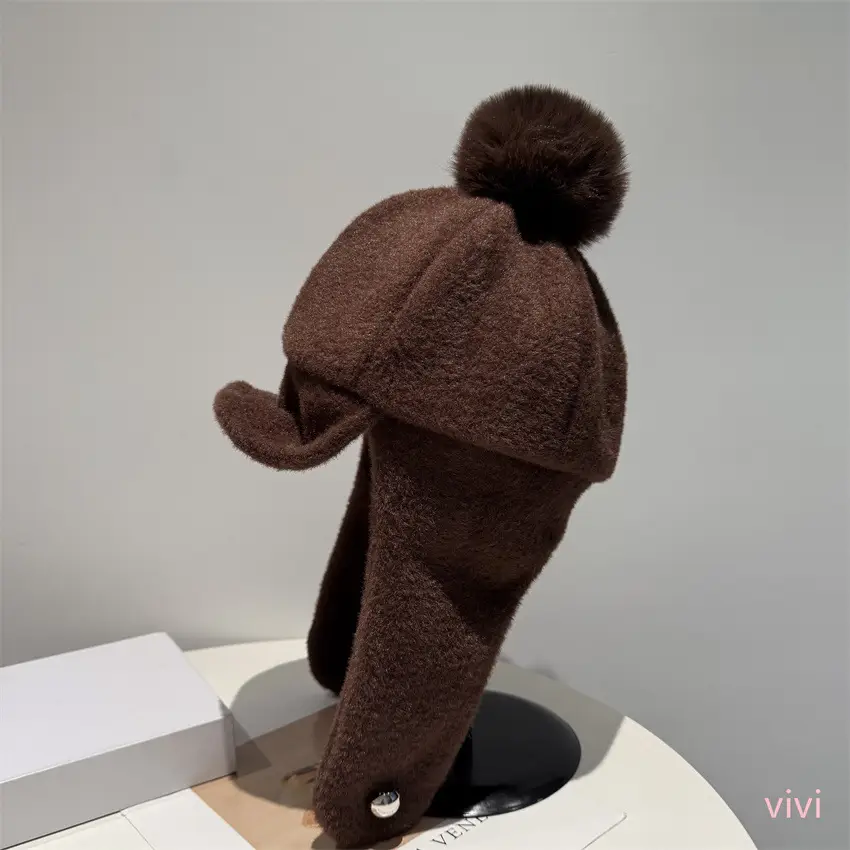 Women Pom-Pom Trapper Hat Winter Ear Protection Warm Aviator Cap — feature 4