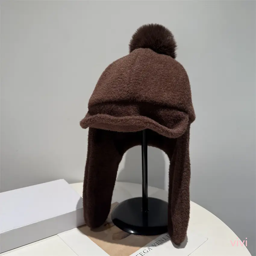 Women Pom-Pom Trapper Hat Winter Ear Protection Warm Aviator Cap - Image 4