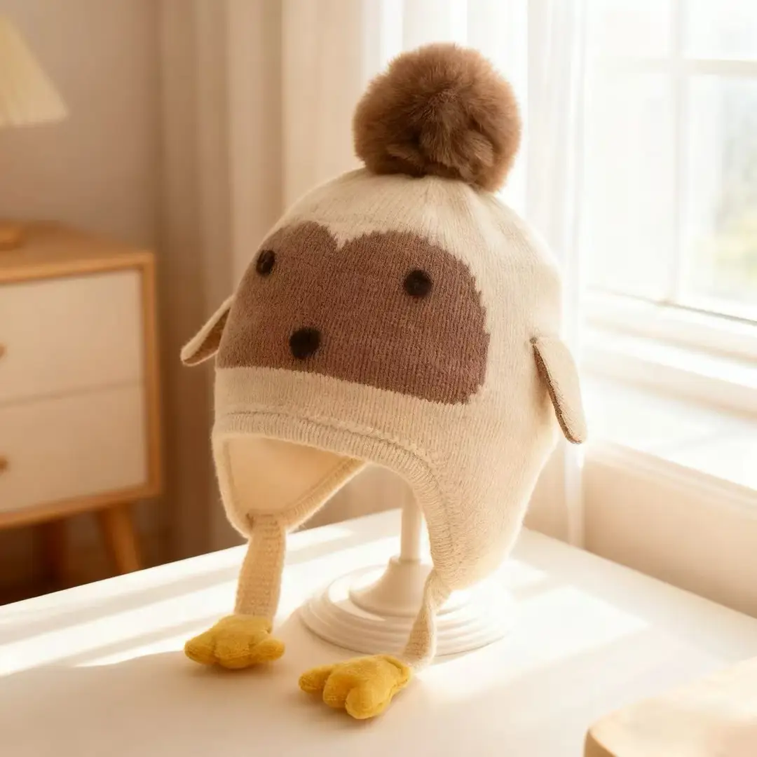 Autumn and Winter Versatile Kidsren's Woolen Hat for Baby Girls, Warm Ear Protection Knitted Pullover Hat, Windproof Woolen Baby Hat