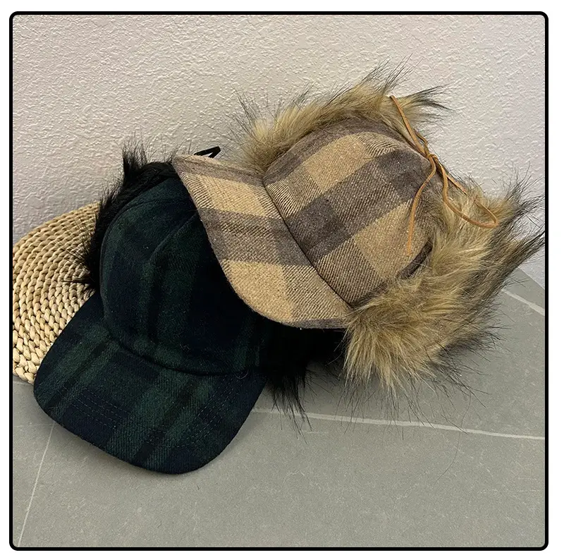 2026 Plaid Baseball Cap with Fur Trim for Warmth — feature 23