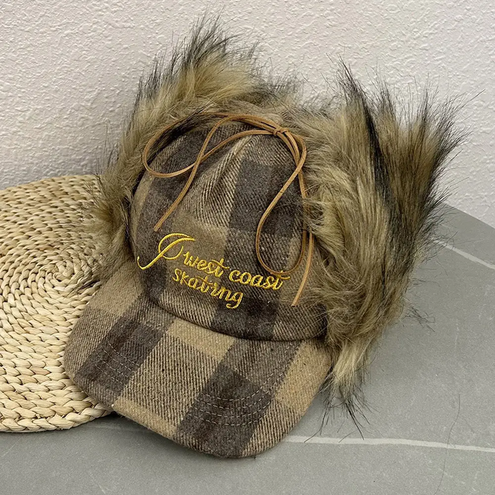 2026 Plaid Baseball Cap with Fur Trim for Warmth - Image 2