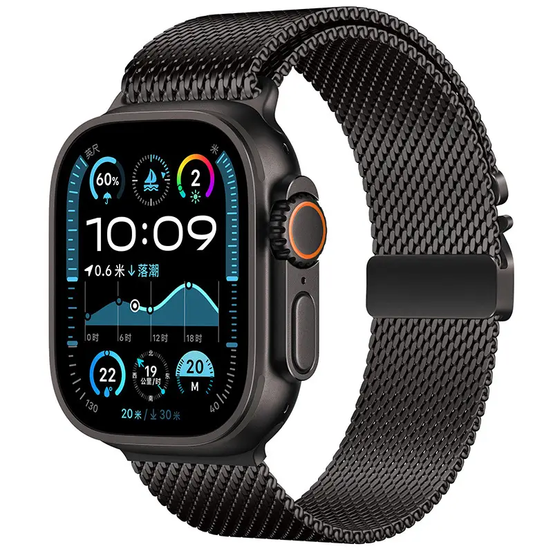 Suitable for Apple Watch 11m Blue Watch Strap Parachute Buckle Stainless Steel Metal Watch Strap Thick Mesh Fine Mesh