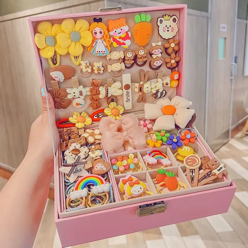 Children's Hair Accessories Storage Box, Girl's Hairpin Leather Ring Organizing Box, Exquisite Lock Leather Large Capacity with Drawer