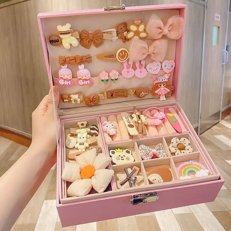 Children's Hair Accessories Storage Box, Girl's Hairpin Leather Ring Organizing Box, Exquisite Lock Leather Large Capacity with Drawer