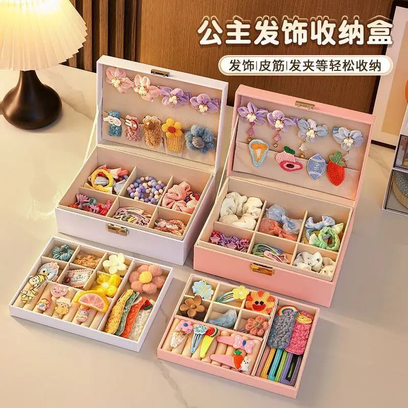 Children's Hair Accessories Storage Box, Girl's Hairpin Leather Ring Organizing Box, Exquisite Lock Leather Large Capacity with Drawer