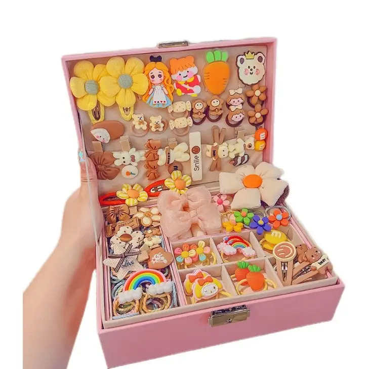 Children's Hair Accessories Storage Box, Girl's Hairpin Leather Ring Organizing Box, Exquisite Lock Leather Large Capacity with Drawer