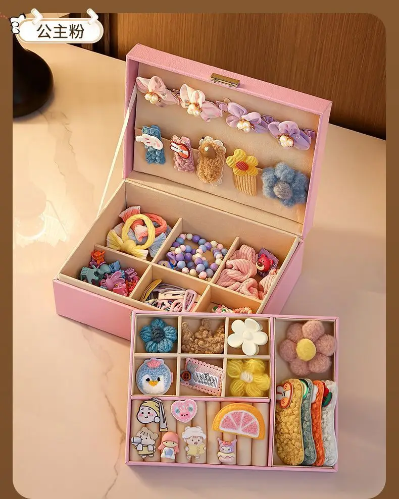Children's Hair Accessories Storage Box, Girl's Hairpin Leather Ring Organizing Box, Exquisite Lock Leather Large Capacity with Drawer — feature 12