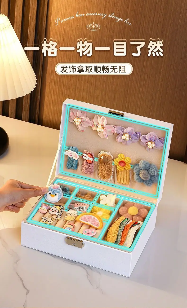 Children's Hair Accessories Storage Box, Girl's Hairpin Leather Ring Organizing Box, Exquisite Lock Leather Large Capacity with Drawer — feature 5