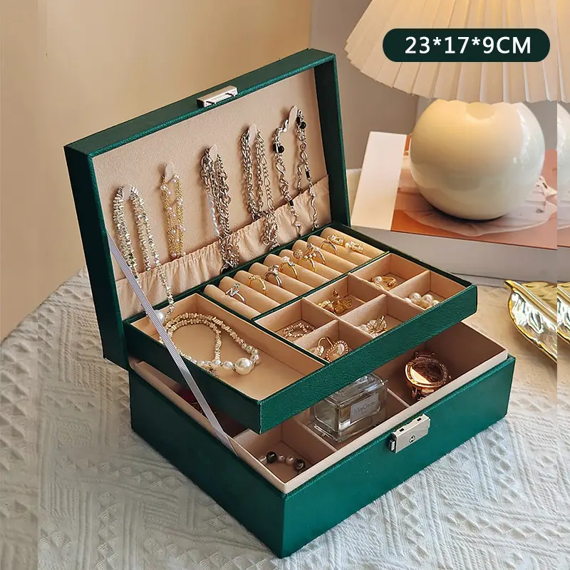 Children's Hair Accessories Storage Box, Girl's Hairpin Leather Ring Organizing Box, Exquisite Lock Leather Large Capacity with Drawer
