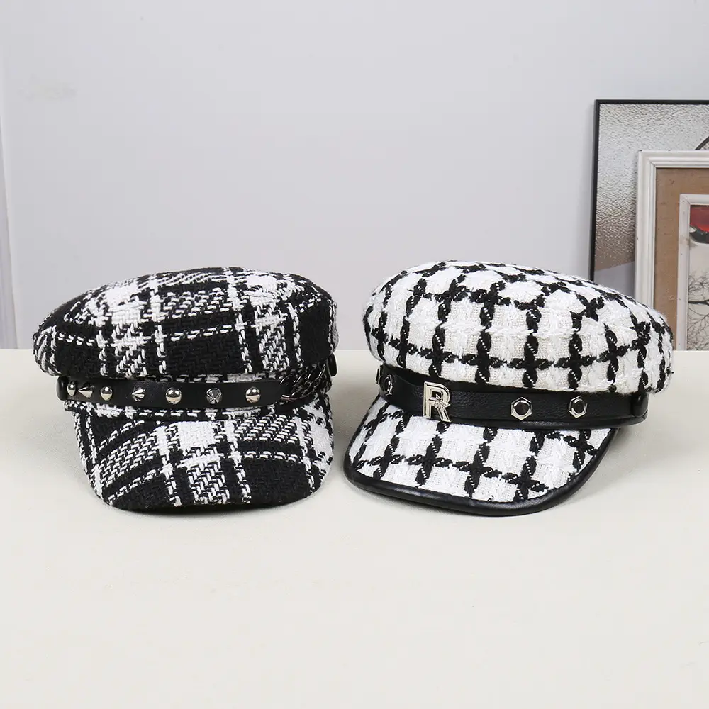 Black White Plaid Duckbill Cap with Metal Buckles - Image 8