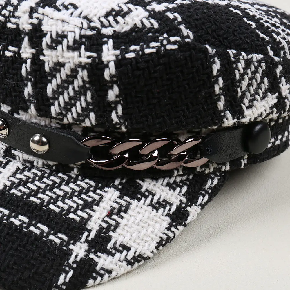 Black White Plaid Duckbill Cap with Metal Buckles - Image 9