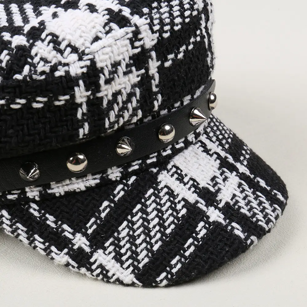 Black White Plaid Duckbill Cap with Metal Buckles - Image 10