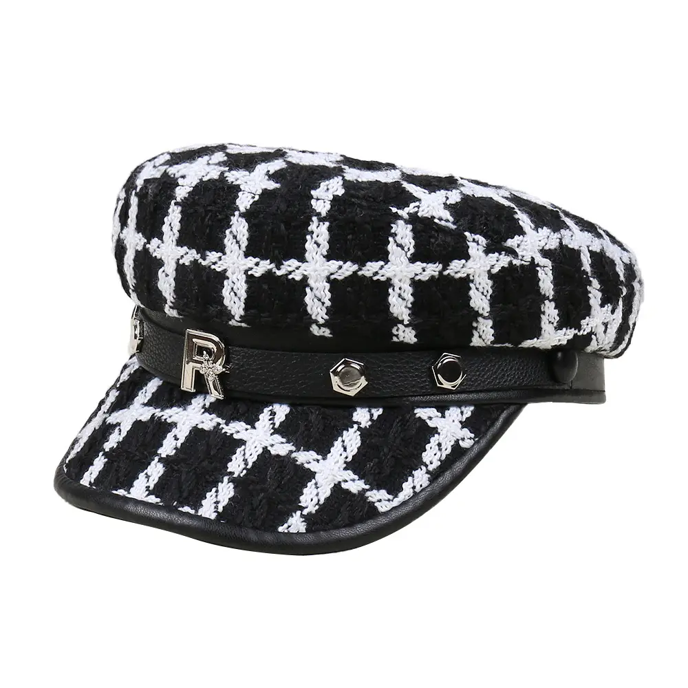 Black White Plaid Duckbill Cap with Metal Buckles - Image 11