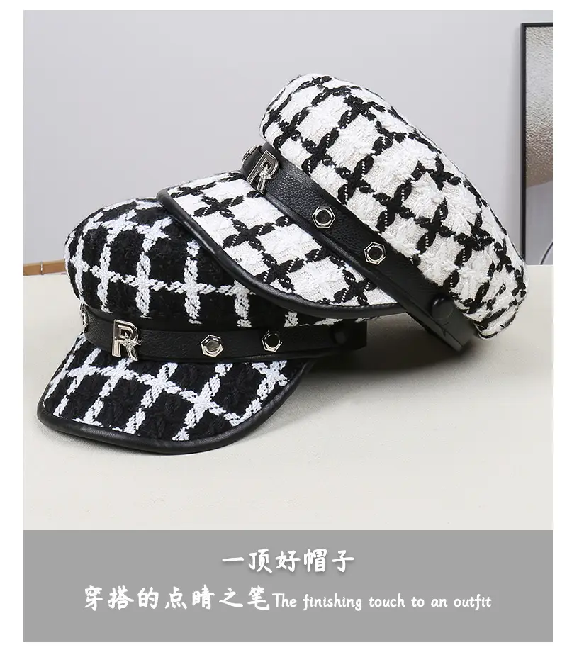 Black White Plaid Duckbill Cap with Metal Buckles — feature 26