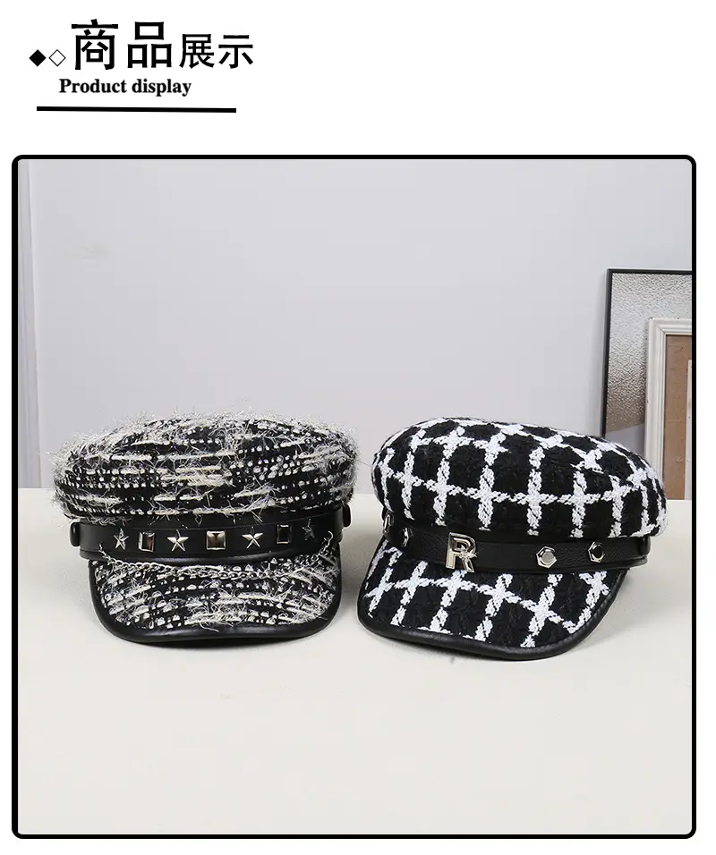 Black White Plaid Duckbill Cap with Metal Buckles — feature 29