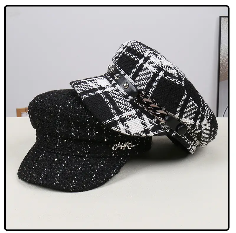 Black White Plaid Duckbill Cap with Metal Buckles — feature 30
