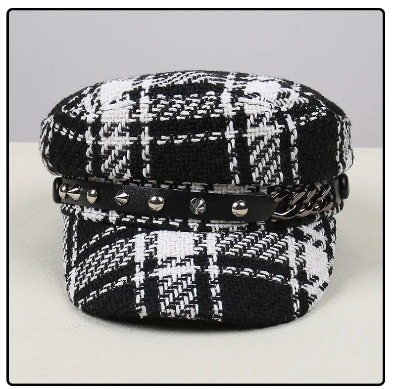 Black White Plaid Duckbill Cap with Metal Buckles — feature 31