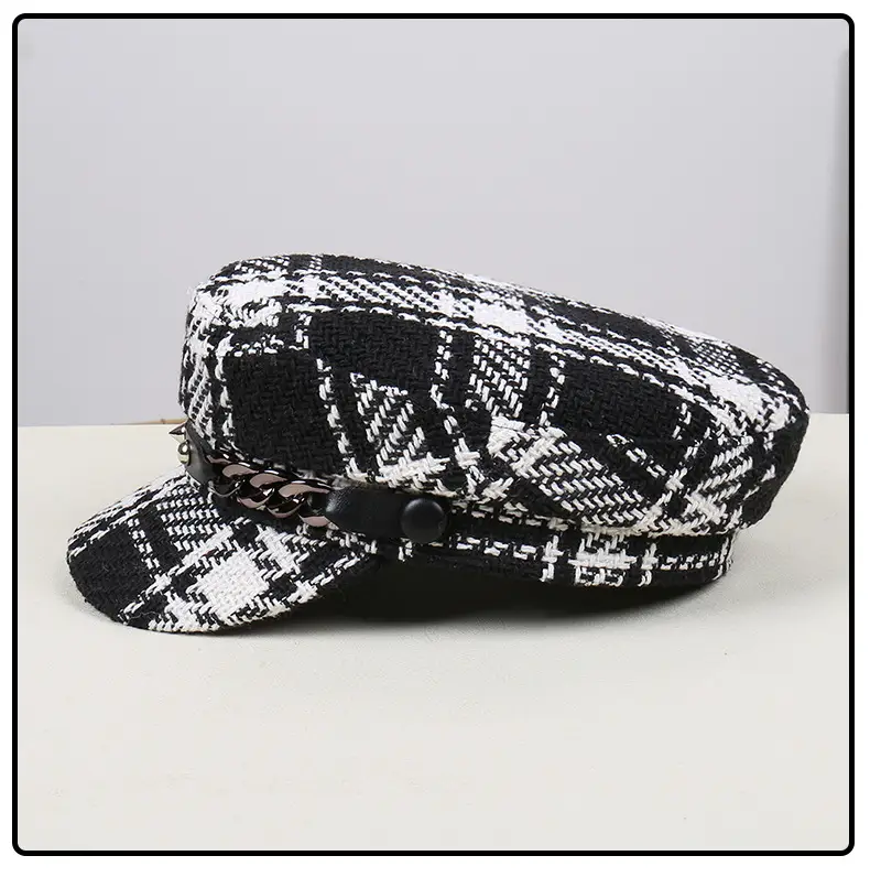 Black White Plaid Duckbill Cap with Metal Buckles — feature 33