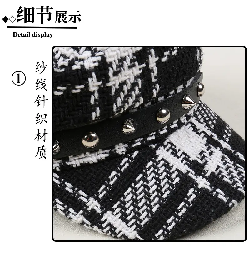 Black White Plaid Duckbill Cap with Metal Buckles — feature 34